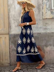 Brillora 女士休闲圆领长连衣裙，适合派对和外出穿着 - 藏蓝色 - 查看 6