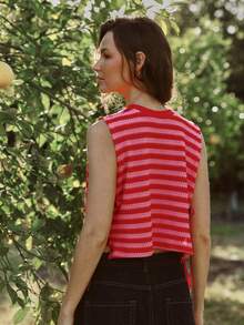 WESTFADE 条纹华夫格针织系带侧边背心 - 紅色 - 查看 5