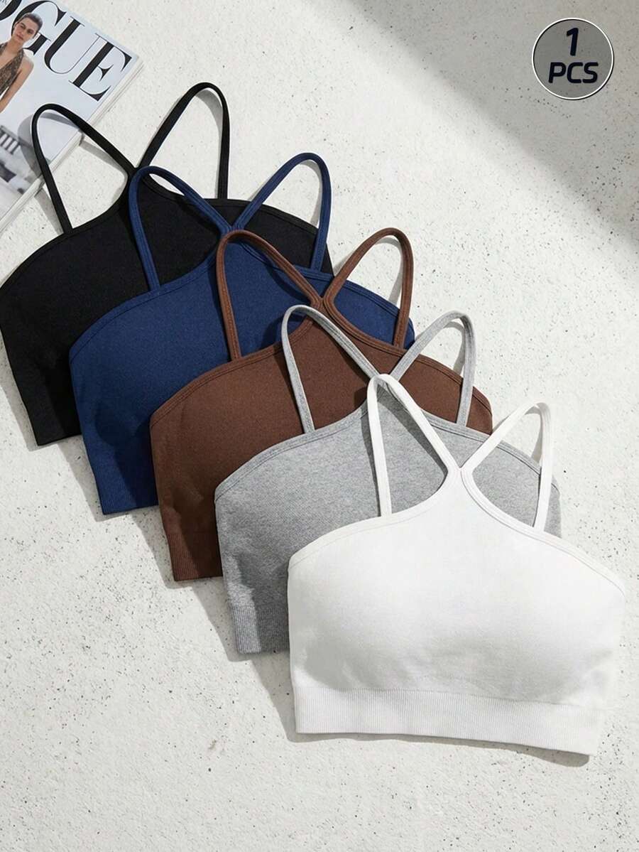 Velisys Velisys Ribbed Knit Crop Sports Cami Top Fitted Shirt Workout Cami Top - White - View 1