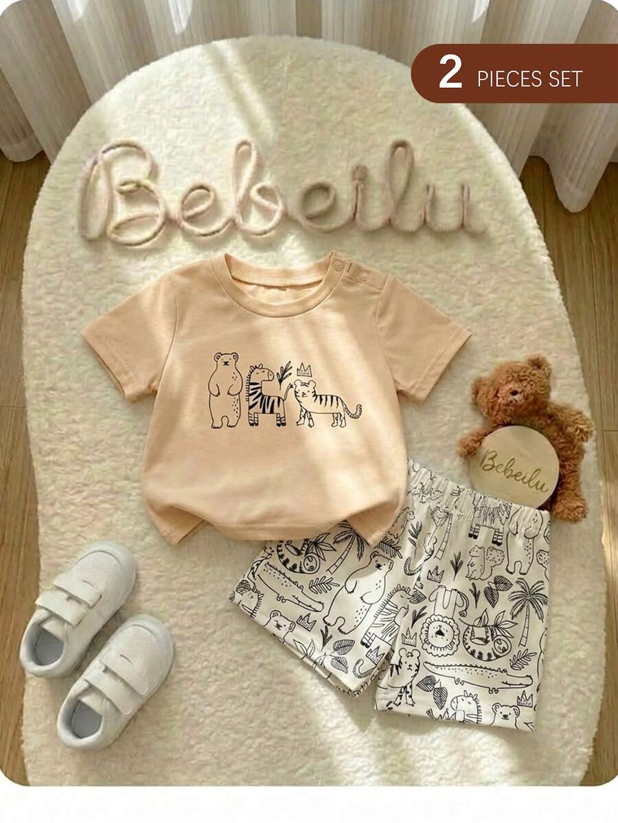 2pcs/Set Baby Boy Casual Simple Round Neck Short-Sleeved Short-Sleeved Two Pieces Set Suitable For Summer - Khaki - View 1
