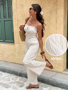 SHEIN Frenchy Women's Strapless Knit Black And White Striped Jumpsuit,Stretchy Bandeau Wide Leg Romper,Summer,Boho,Holiday,Vacation,Holiday Casual Elegant Outfit - Apricot - View 9