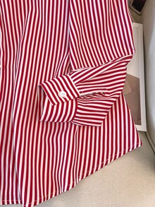 SHEIN CURVE+ 大码女式条纹单排扣休闲百搭日常衬衫 - 紅色 - 查看 7