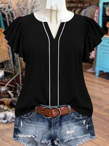 GlowEve CURVE Plus Size Women's Elegant Fashion V-Neck Contrast Color Ruffle Sleeve Casual Blouse - Black - View 7
