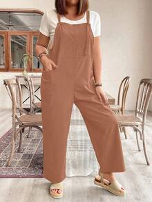 Breezaya Plus Size Women Solid Color Pocket Casual Everyday Wear Bib Overall Pants - Pink - View 4