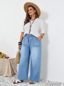 SHEIN Tall CURVE Quần jeans nữ cỡ lớn mùa hè và xuân, cạp chun, túi, ống rộng, dáng suông, thoải mái, co giãn, cạp chun đàn hồi. - Rửa trung bình - Xem 6