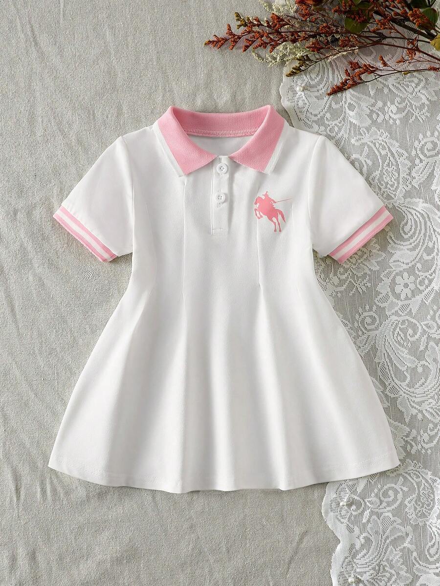 SHEIN 女婴粉色休闲连衣裙,罗纹领口和袖口,适合居家休闲、外出、运动、聚会等场合。 - 粉色 - 查看 1