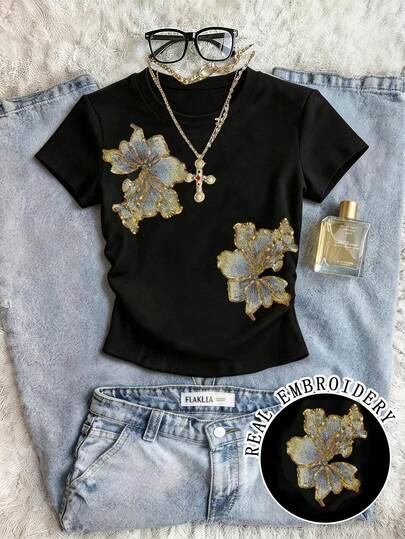 Glimmora Áo thun ngắn tay nữ cổ tròn đính sequin họa tiết hoa, kiểu dáng thường ngày, đa năng.