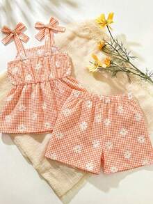 SHEIN 2pcs Baby Girl Toddler/Newborn 0-3Y Casual Everyday Cute Vacation Striped Bow Decor Camisole Top + Shorts Set, Spring/Summer - Orange - View 2