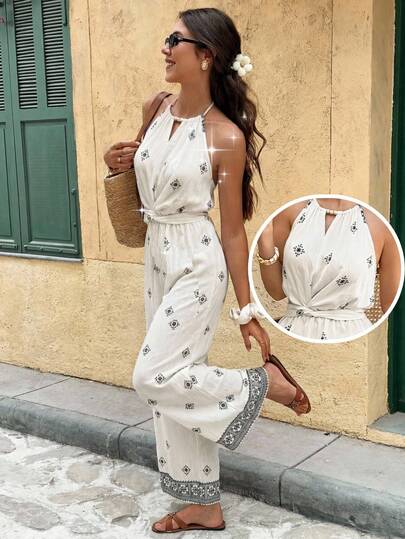 SHEIN Frenchy Boho Printed Halter Neck Wide Leg Jumpsuit – Women's Sleeveless Summer Beach Romper Women's Floral Print Twist Waist Halter Jumpsuit, Vacation Wear,Summer,Spring,Festival, Party, Beach,Wedding, Graduation,Going Out,Prom, Birthday, Elegant ,Vacation, Casual, Formal