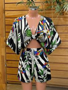 Lunelith SHEIN Lunessa Printed V-Neck Batwing Sleeve Tie Waist Loose Crop Top & Elastic Waist Casual Shorts 2 Piece Set For Women Tropical Tops Hawaiian Tops For Women Tropical Vacation Dress - Multicolor - View 4