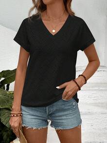 SHEIN LUNE 女士纯色V领休闲百搭日常短袖T恤 - 黑色 - 查看 5
