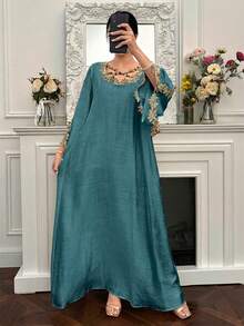 Yasmyna Women's Floral Embroidery Crossed Neck Ruffle Hem Long Sleeve Arabic Style Dress, Elegant For Parties And Formal Events - Blue - View 3