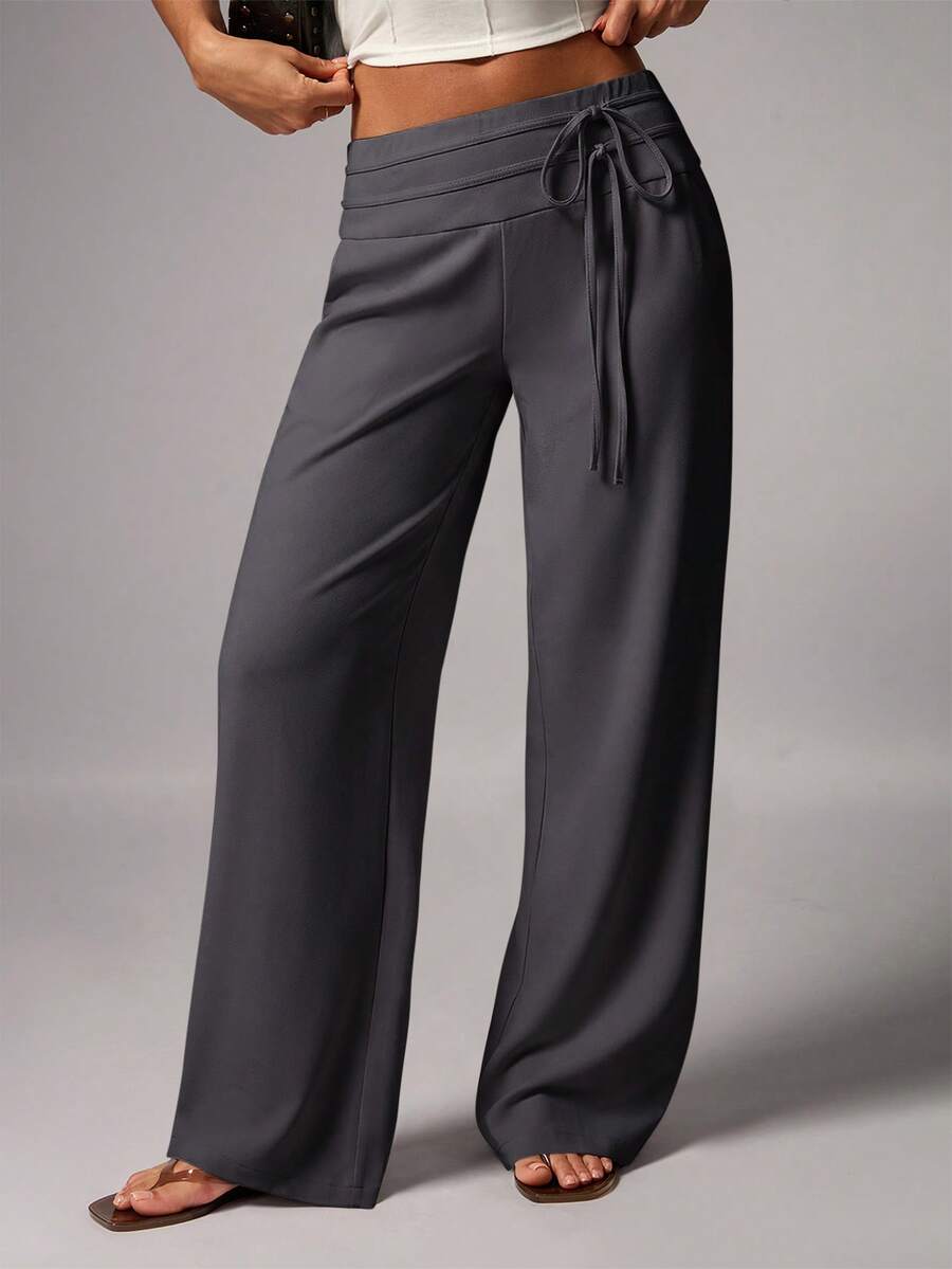 Avenya Women's Solid Color Drawstring Waist Casual Versatile Wide Leg Pants For Daily Wear Travel Gray Summer - Grey - View 1