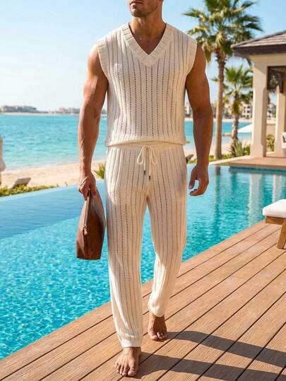 Manfinity RSRT 男士夏季休闲沙滩度假纯色V领镂空针织上衣和抽绳腰针织裤套装，舒适透气轻盈的针织套装，适合休闲穿着，也适合度假和情人节穿着。男士度假亚麻套装，男士度假针织背心，纹理面料