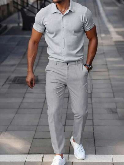 Manfinity CasualCool Men's Casual Solid Color Short Sleeve Shirt And Pants Set