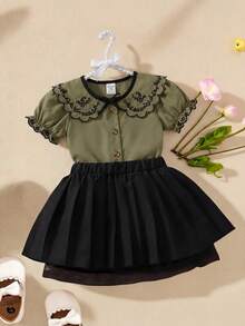 Souflis Souflis 2025 Nuevo verano Niña Vintage Blusa de cuello Peter Pan bordada de manga corta + Falda negra - Verde militar - Ver 3