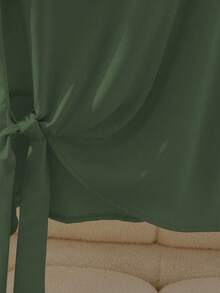 Franclia 优雅短袖圆领荷叶边领结组合卡其色女式衬衫，春夏 - 軍綠色 - 查看 7