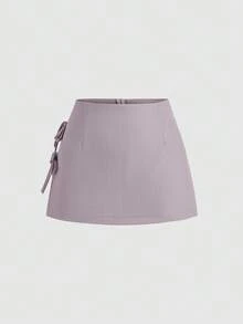 Sweetra Rok Mini Wanita Model A-Line Seksi dengan Pita dan Belahan Samping untuk Musim Semi/Panas - Purple - View 3