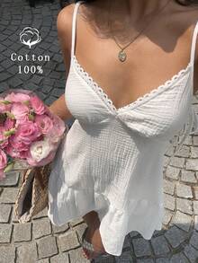 Sunnyshic 复古别致无袖花卉蕾丝边荷叶边迷你连衣裙，甜美公主风，百搭夏季度假休闲连衣裙 - 白色 - 查看 1