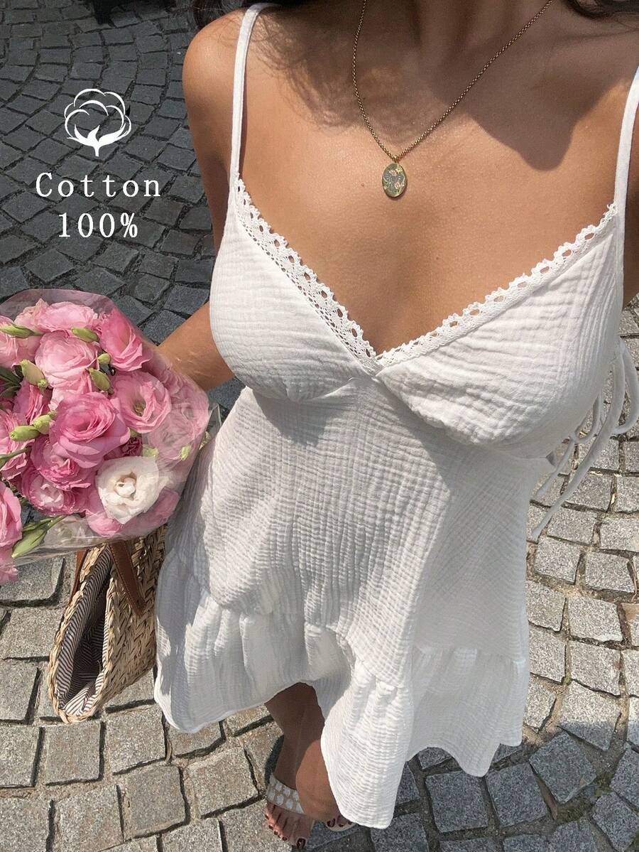 Sunnyshic 复古别致无袖花卉蕾丝边荷叶边迷你连衣裙，甜美公主风，百搭夏季度假休闲连衣裙 - 白色 - 查看 1