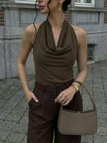 Firerie 杏色垂褶领口系带简约优雅女式衬衫 - 咖啡棕 - 查看 4