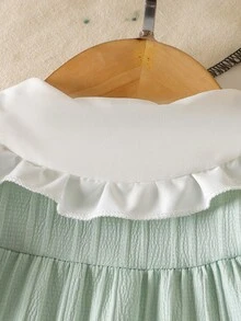 SHEIN 新生儿可爱彼得潘领泡泡袖纹理面料绿色公主裙，适合春夏外出，甜美公主风，适合度假和派对 - 綠色 - 查看 6
