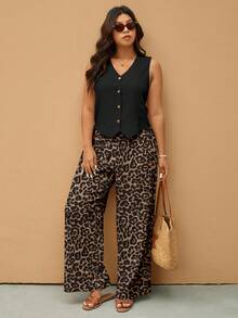 Elaquor Black Casual Top + Leopard Print Loose Pants 2 Pieces Set, Suitable For Spring/Summer, Office Wear, Plus Size - Multicolor - View 1