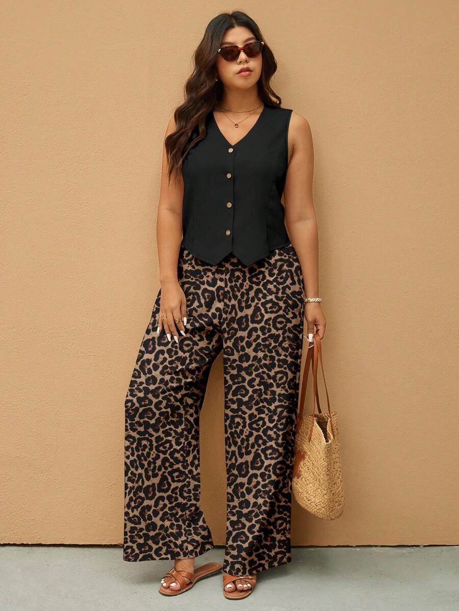 Elaquor Black Casual Top + Leopard Print Loose Pants 2 Pieces Set, Suitable For Spring/Summer, Office Wear, Plus Size - Multicolor - View 1