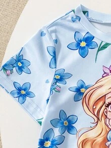 SHEIN 3件装女童休闲可爱卡通公主美人鱼印花短袖T恤，薄荷绿、浅蓝、杏色，甜美公主风，波西米亚风花卉印花，宽松圆领上衣，适合春夏日常、度假、节日穿着，清新舒适，休闲百搭，公主风，花卉印花T恤 - 彩色 - 查看 3