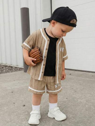 SHEIN 男女宝宝两件套休闲可爱卡其色棒球外套和短裤套装，春夏男宝宝服装，套装，街头风