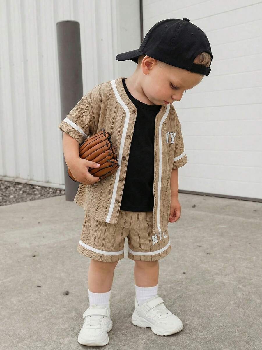 SHEIN 男女宝宝两件套休闲可爱卡其色棒球外套和短裤套装，春夏男宝宝服装，套装，街头风 - 卡其色 - 查看 1