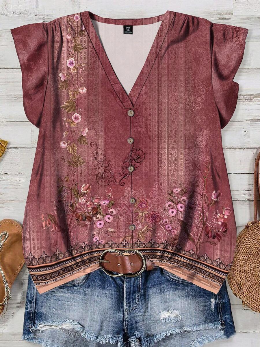 EMERY ROSE Plus Size Casual Minimalist Floral Print Shirt, Suitable For Summer - Multicolor - View 1