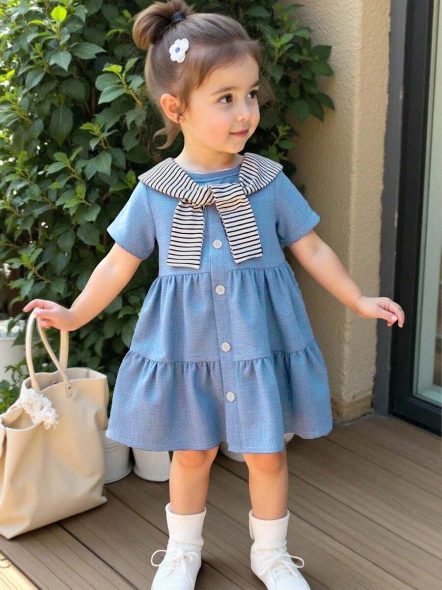 SHEIN Elladie kids 2件套女婴春夏短袖仿牛仔连衣裙和披肩 - 藍色 - 查看 1