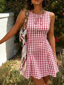 Pariaura Women's Elegant French Plaid Mini Dress - Red - View 3