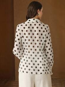 Anewsta 女士新款春夏复古波点优雅衬衫，亚麻绳编珍珠纽扣花瓣袖褶皱袖口白色衬衫，职业休闲知性风格 - 白色 - 查看 7