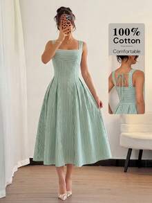 Modelyn 女士绿色编织条纹吊带A字收腰优雅浪漫连衣裙，春夏款 - 綠色 - 查看 1