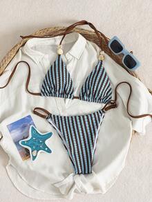 Swim Vcay 女士沙滩音乐节春夏条纹针织提花串珠性感露背吊带可爱比基尼套装 - 彩色 - 查看 3