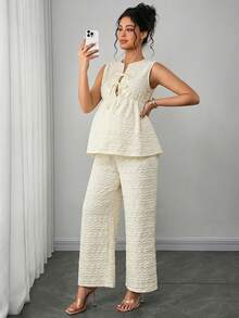 SHEIN Woven Clover Jacquard Elegant Comfortable Maternity Tie-Front Top And Straight Leg Pants 2 Pieces Set - Multicolor - View 3