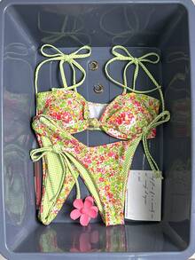 SHEIN Swim 针织性感花卉格纹印花无钢圈比基尼套装，优雅甜美两件式泳衣，适合夏季海滩派对和郊游 - 彩色 - 查看 3