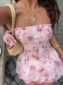 Sunnyshic Blush Pink Floral Summer Boho Cute Vacation Holiday Retro Elegant Slim Fit Strapless Casual Dress, Design Sense High Street Ruffled Hem Versatile - Baby Pink - View 8