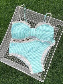 Swim Mod Nuevo conjunto de tankini de traje de baño con volantes de encaje y rayas dulces - verde menta - Ver 4