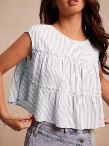 WESTFADE Blusa texturizada listrada com gola redonda, mangas curtas e babados em camadas, ideal para a volta às aulas. Roupa fofa para o outono, estilo country e verão. - Azul e branco - Ver 4