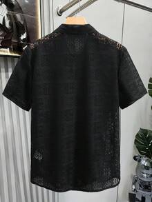 Manfinity CasualCool 男士纯色镂空设计短袖单排扣休闲衬衫 - 黑色 - 查看 2