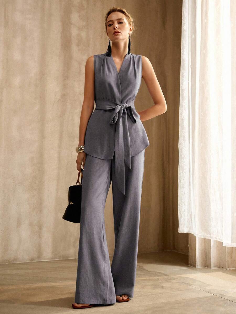MOTF PREMIUM SPRING & SUMMER COMMUTING FASHIONABLE VINTAGE LACE-UP V-NECK SLEEVELESS VEST SUIT WITH WIDE-LEG PANTS, 2-PIECES SET FOR WOMEN - Grey - View 1