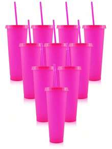 SHEIN 10 件可重复使用杯子带盖和吸管 24 盎司塑料杯冰咖啡杯旅行杯适用于冰沙果汁生日过夜派对用品女孩户外运动水瓶 - 彩色 - 查看 22