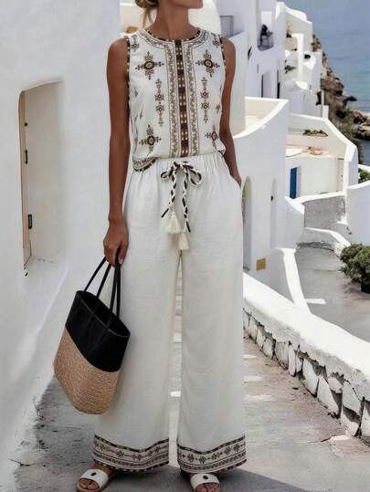 Silhoulove 女士印花圆领上衣和抽绳阔腿裤休闲度假套装