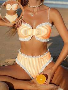 Swim Mod Bộ đồ bơi tankini ren mới, kẻ sọc, viền bèo nhún. - trái cam - Xem 1