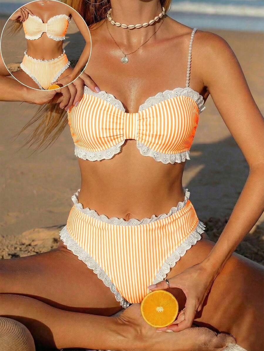 Swim Mod Bộ đồ bơi tankini ren mới, kẻ sọc, viền bèo nhún. - trái cam - Xem 1