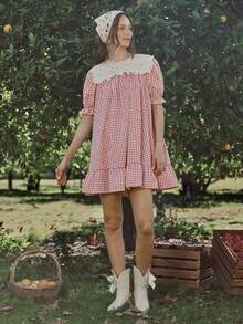WESTFADE 格纹花卉镂空圆领短泡泡袖荷叶边迷你娃娃裙，适合春季、夏季、度假、休闲、海滨、牛仔、波西米亚风、农贸市场、野餐、假期、海滩、节日、西部风、纳什维尔、牛仔竞技表演、乡村音乐会等场合。 - 粉色 - 查看 4