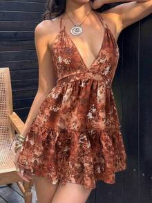 Sunnyshic Đầm nữ phong cách thường ngày, họa tiết paisley retro, hở lưng, dây buộc, cổ nơ, thích hợp cho kỳ nghỉ và đi chơi, mùa xuân/hè. - Màu Cam cháy - Xem 3